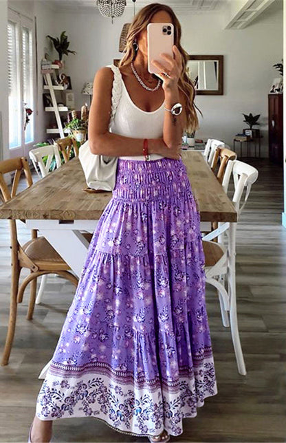 Skirt- Floral Boho Tiered Ruffle Maxi Skirt- - Pekosa Women Clothing