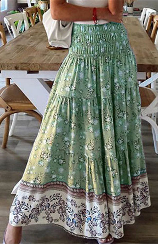 Skirt- Floral Boho Tiered Ruffle Maxi Skirt- - Pekosa Women Clothing