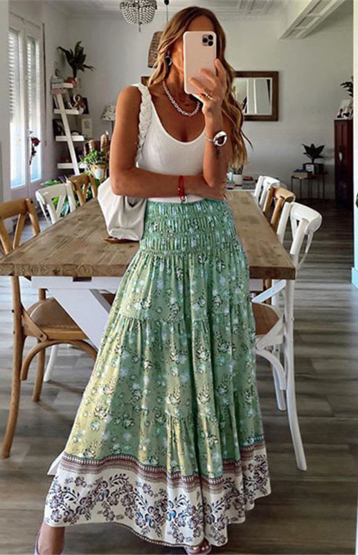 Skirt- Floral Boho Tiered Ruffle Maxi Skirt- Green- Pekosa Women Clothing