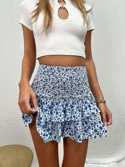 Skirt- Floral Elegance: Women's Shorts Ruffled Mini Skirt- Blue- Pekosa Women Clothing