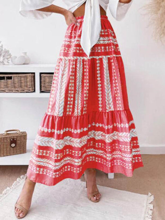 Skirt- Retro Aztec Geo Printed Tiered Ruffle Maxi Skirt- Red- Pekosa Women Clothing