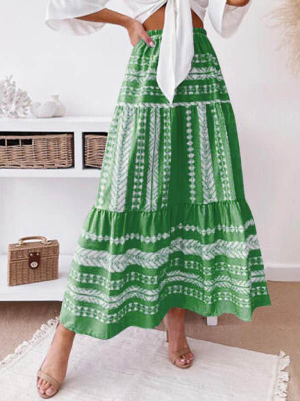 Skirt- Retro Aztec Geo Printed Tiered Ruffle Maxi Skirt- Green- Pekosa Women Clothing