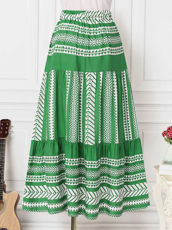 Skirt- Retro Aztec Geo Printed Tiered Ruffle Maxi Skirt- - Pekosa Women Clothing