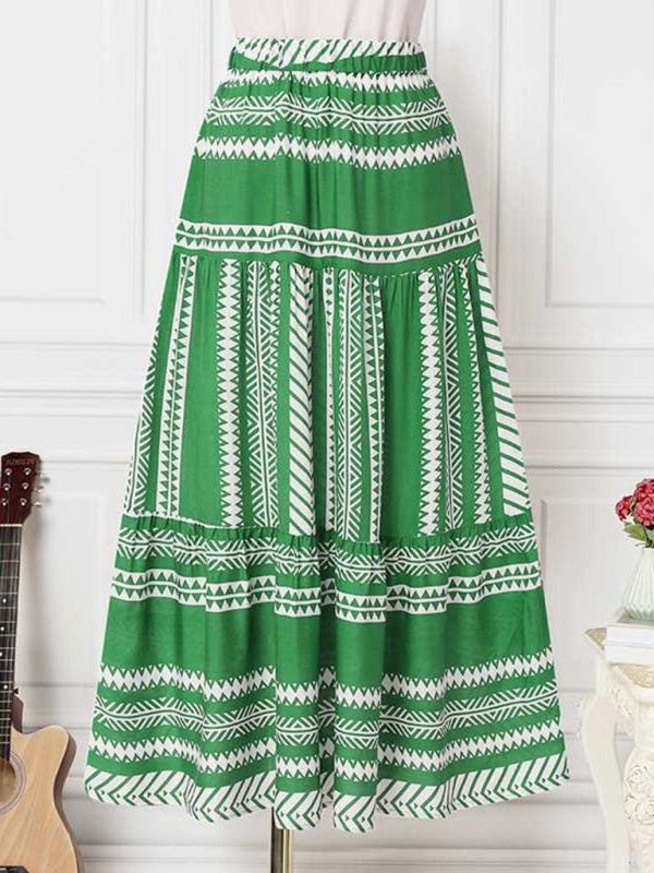 Skirt- Retro Aztec Geo Printed Tiered Ruffle Maxi Skirt- - Pekosa Women Clothing