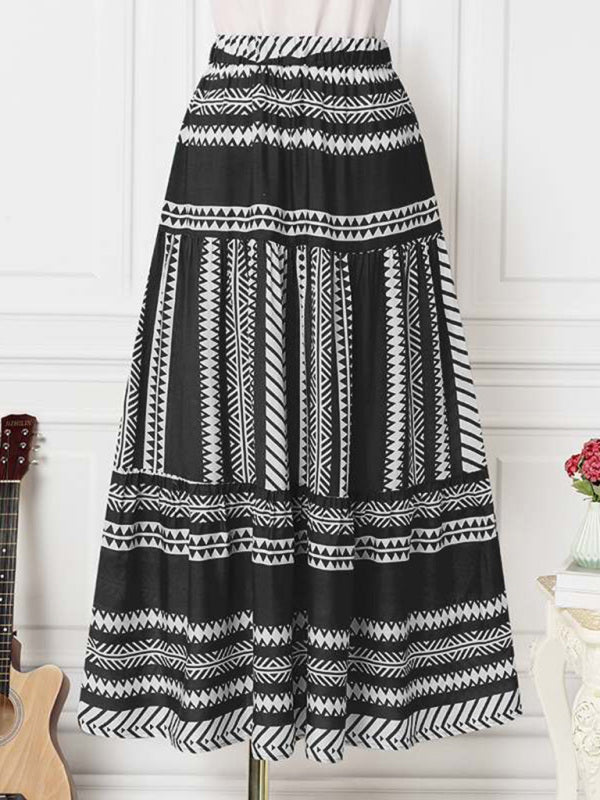 Skirt- Retro Aztec Geo Printed Tiered Ruffle Maxi Skirt- - Pekosa Women Clothing