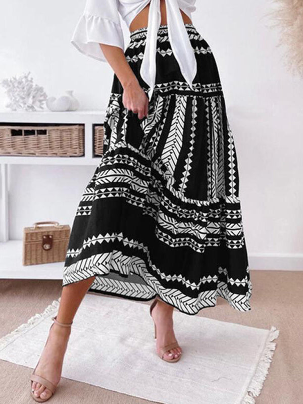 Skirt- Retro Aztec Geo Printed Tiered Ruffle Maxi Skirt- Black- Pekosa Women Clothing