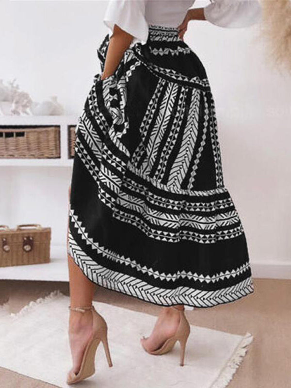 Skirt- Retro Aztec Geo Printed Tiered Ruffle Maxi Skirt- - Pekosa Women Clothing