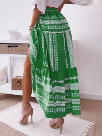 Skirt- Retro Aztec Geo Printed Tiered Ruffle Maxi Skirt- - Pekosa Women Clothing