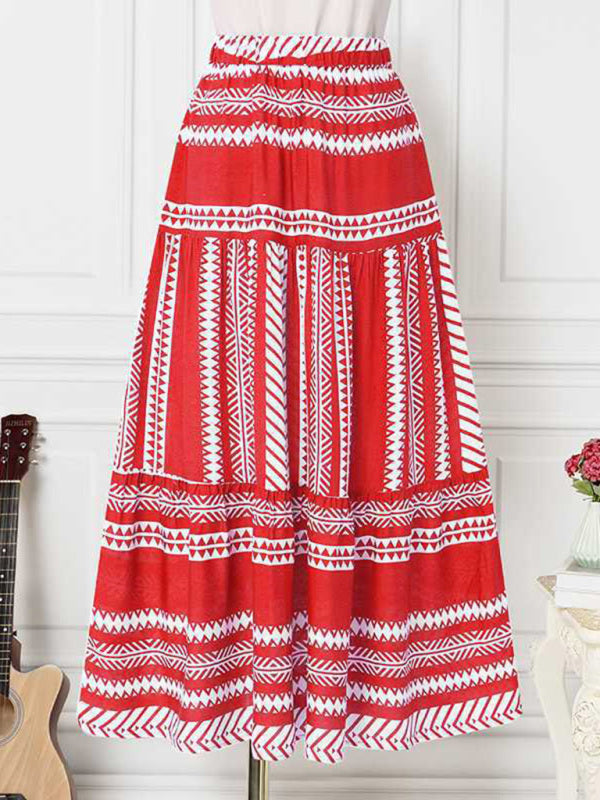 Skirt- Retro Aztec Geo Printed Tiered Ruffle Maxi Skirt- - Pekosa Women Clothing