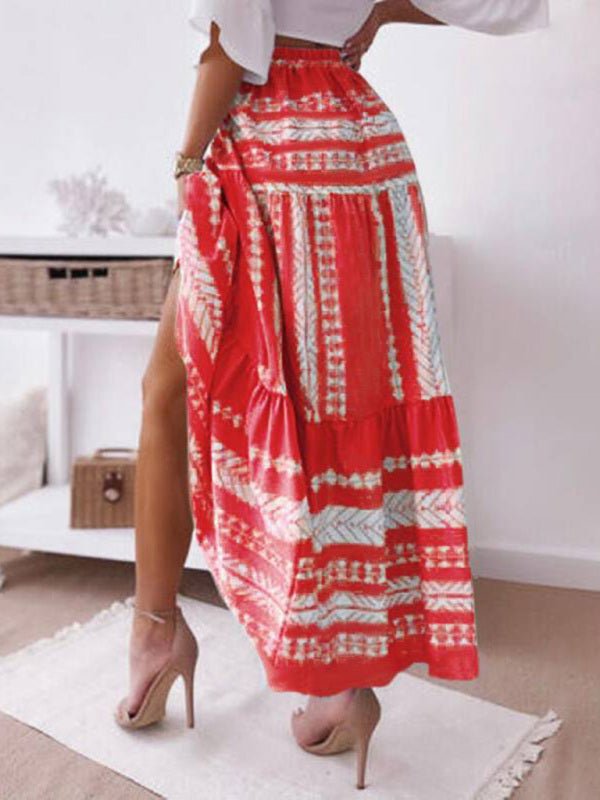 Skirt- Retro Aztec Geo Printed Tiered Ruffle Maxi Skirt- - Pekosa Women Clothing