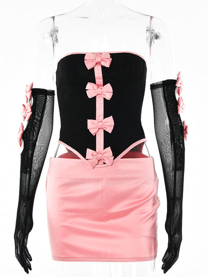 Skirt Set- 3-Piece Clubbing Night Corset Top & Mini Skirt & Arm Sleeves, Bow Accents- - Pekosa Women Clothing