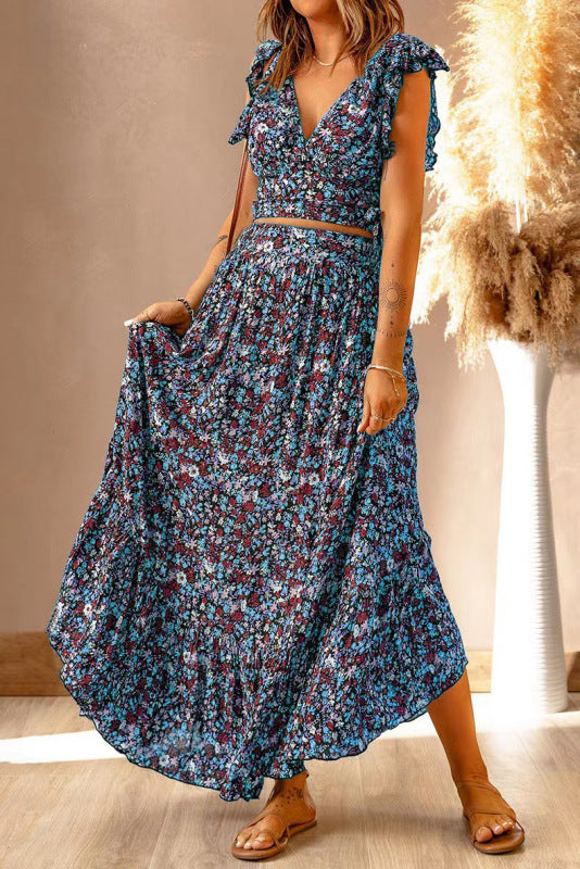 Skirt Set- Boho Floral 2 Piece Set: Tank Top + Maxi Skirt for Any Occasion- Blue- Pekosa Women Clothing