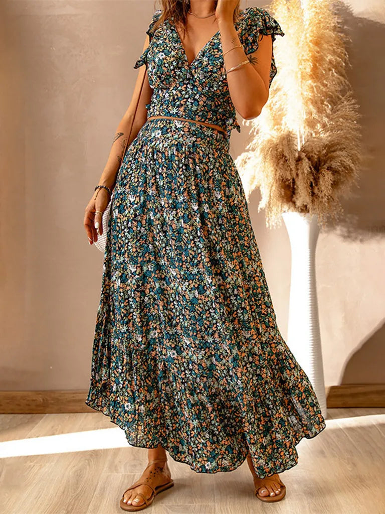 Skirt Set- Boho Floral 2 Piece Set: Tank Top + Maxi Skirt for Any Occasion- - Pekosa Women Clothing