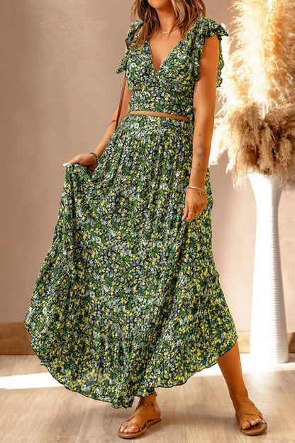 Skirt Set- Boho Floral 2 Piece Set: Tank Top + Maxi Skirt for Any Occasion- Green- Pekosa Women Clothing