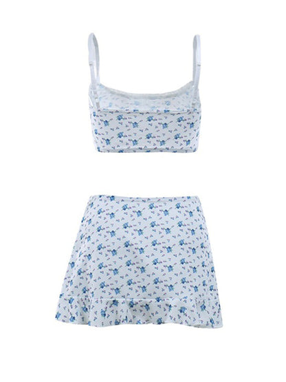 Skirt Set- Floral Set: Cami Crop Top + Ruffle Mini Skirt- - Pekosa Women Clothing