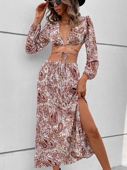 Skirt Set- Paisley V Neck Dress: 2-Piece Set, Mid Calf Skirt, Strappy Crop Top- - Pekosa Women Clothing