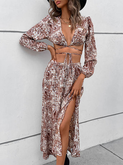 Skirt Set- Paisley V Neck Dress: 2-Piece Set, Mid Calf Skirt, Strappy Crop Top- - Pekosa Women Clothing