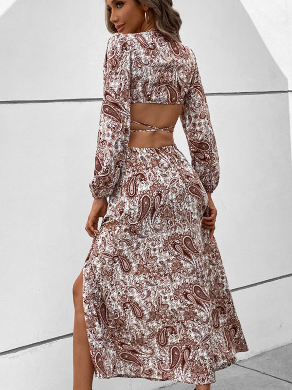 Skirt Set- Paisley V Neck Dress: 2-Piece Set, Mid Calf Skirt, Strappy Crop Top- - Pekosa Women Clothing