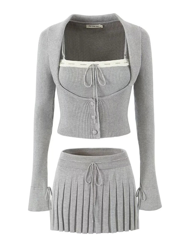 Skirt Set- Rib-Knit Outfit Crop Cardigan + Cami Top + Pleated Mini Skirt- Grey- Pekosa Women Clothing