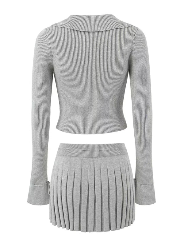 Skirt Set- Rib-Knit Outfit Crop Cardigan + Cami Top + Pleated Mini Skirt- - Pekosa Women Clothing