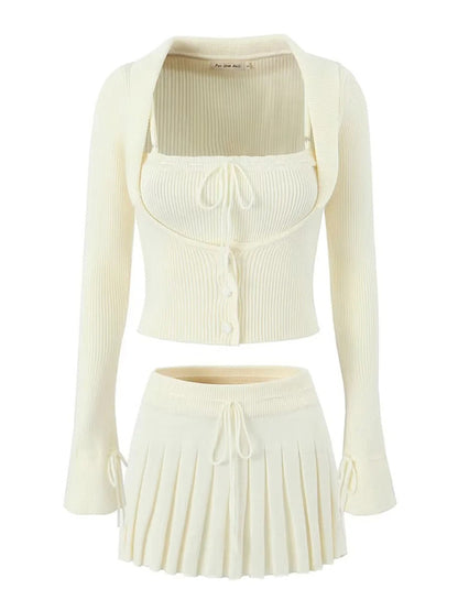 Skirt Set- Rib-Knit Outfit Crop Cardigan + Cami Top + Pleated Mini Skirt- Cream- Pekosa Women Clothing