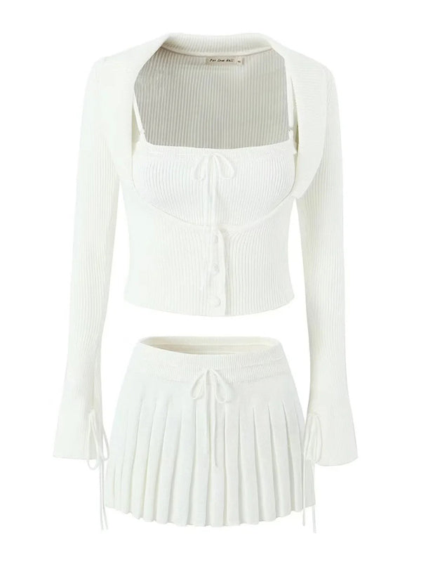 Skirt Set- Rib-Knit Outfit Crop Cardigan + Cami Top + Pleated Mini Skirt- White- Pekosa Women Clothing