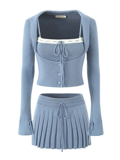 Skirt Set- Rib-Knit Outfit Crop Cardigan + Cami Top + Pleated Mini Skirt- Blue- Pekosa Women Clothing