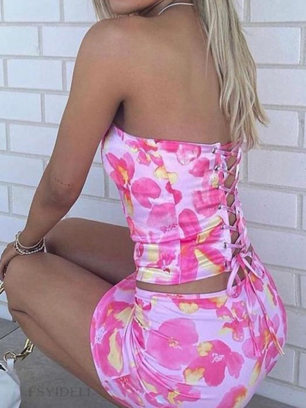 Skirt Set- Summer Lace-Up Tube Top & Mini Skirt 2-Piece Set in Floral Print- - Pekosa Women Fashion