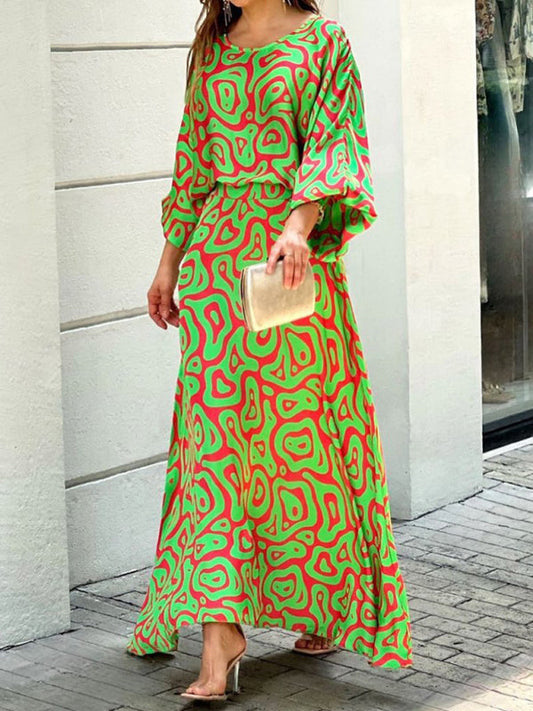 Skirt Sets- Women's Boho 2-Piece Blouse + Skirt Lookalike Maxi Dress- Forest green- Pekosa Women Clothing