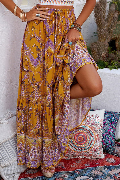 Skirts- Boho Beauty: Women's Paisley Maxi Skirt with Flowy Tiered Design- - Pekosa Women Clothing