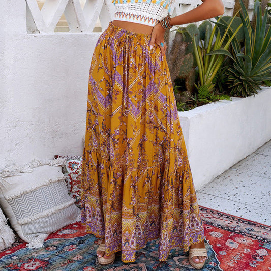 Skirts- Boho Beauty: Women's Paisley Maxi Skirt with Flowy Tiered Design- Yellow- Pekosa Women Clothing