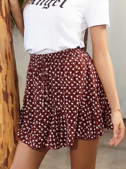 Skirts- Feminine Comfort: Women's Floral Ruffle Elastic Waistband Mini Skirt- Wine Red- Pekosa Women Clothing