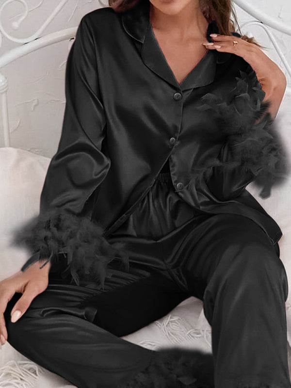 Sleepwear- Feather-Adorned Satin 2-Piece Nightwear | Long Sleeves Shirt and Pants- Black- Pekosa Women Clothing