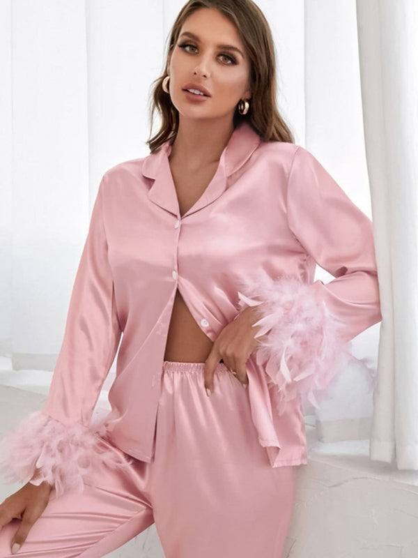 Sleepwear- Feather-Adorned Satin 2-Piece Nightwear | Long Sleeves Shirt and Pants- - Pekosa Women Clothing