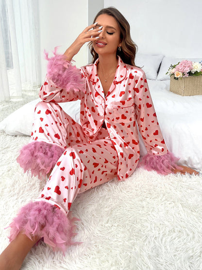 Sleepwear- Feather-Embellished 2-Piece PJs for Her - Pajamas in Love- Pink- Pekosa Women Clothing