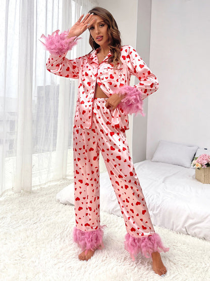 Sleepwear- Feather-Embellished 2-Piece PJs for Her - Pajamas in Love- - Pekosa Women Clothing