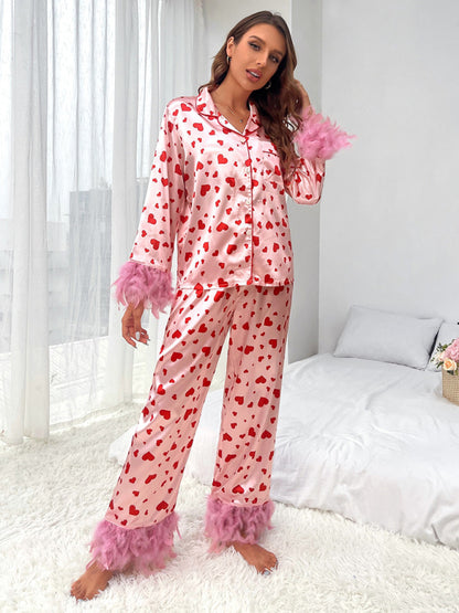 Sleepwear- Feather-Embellished 2-Piece PJs for Her - Pajamas in Love- - Pekosa Women Clothing