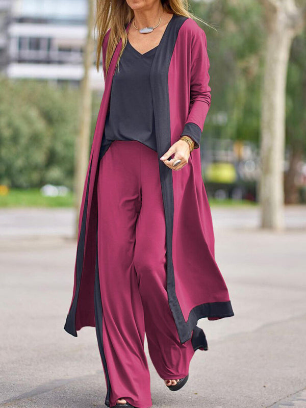 Sleepwear & Loungewear- 3-Piece Pajama Set: Vest, Wide Leg Trousers, and Robe- Red- Pekosa Women Clothing