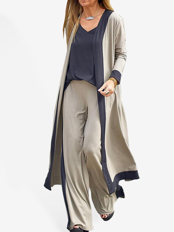 Sleepwear & Loungewear- 3-Piece Pajama Set: Vest, Wide Leg Trousers, and Robe- Pale green- Pekosa Women Clothing