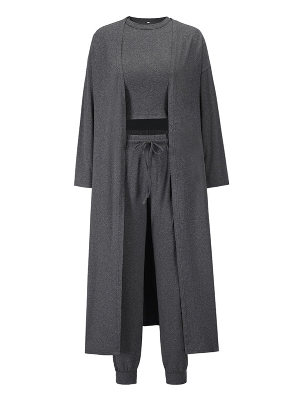 Sleepwear & Loungewear- Loungewear Set: Round Neck Tank Top + Tapered Trousers + Long Robe- - Pekosa Women Clothing