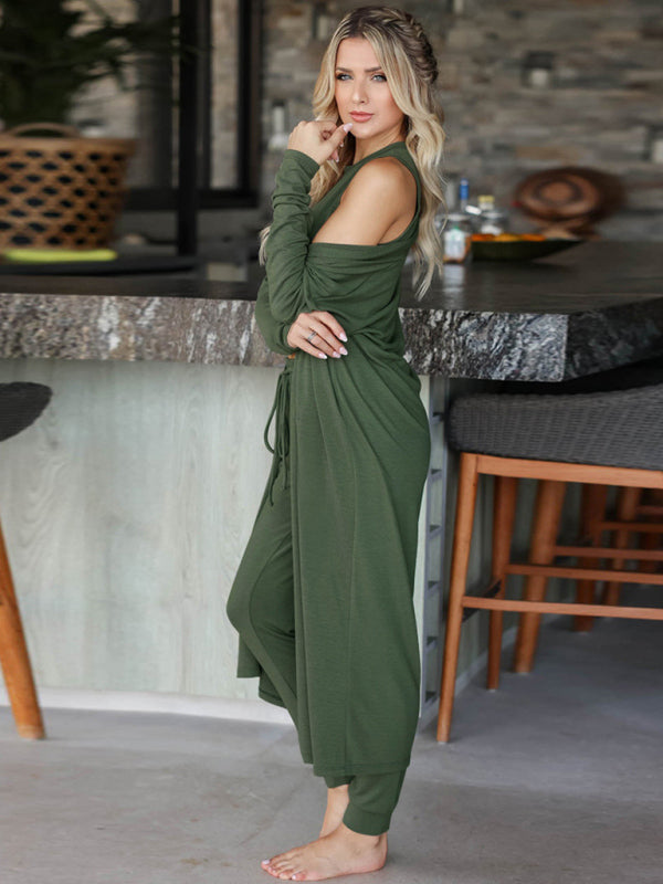 Sleepwear & Loungewear- Loungewear Set: Round Neck Tank Top + Tapered Trousers + Long Robe- - Pekosa Women Clothing