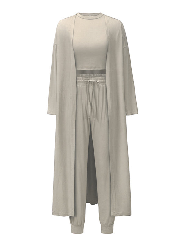 Sleepwear & Loungewear- Loungewear Set: Round Neck Tank Top + Tapered Trousers + Long Robe- - Pekosa Women Clothing