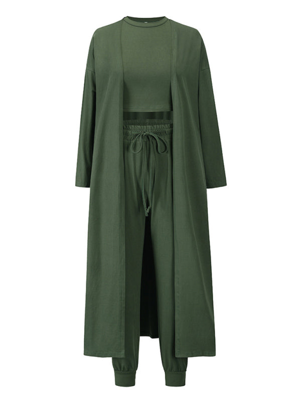 Sleepwear & Loungewear- Loungewear Set: Round Neck Tank Top + Tapered Trousers + Long Robe- - Pekosa Women Clothing