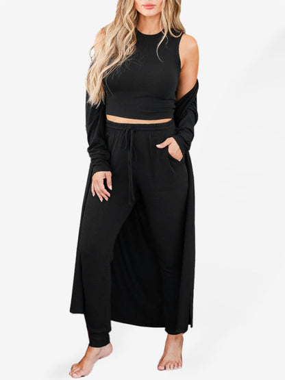 Sleepwear & Loungewear- Loungewear Set: Round Neck Tank Top + Tapered Trousers + Long Robe- Black- Pekosa Women Clothing