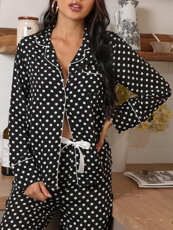 Sleepwear & Loungewear- Polka Dot Women's Lounge Set: Lapel Collar Shirt + Adjustable Trousers- - Pekosa Women Clothing