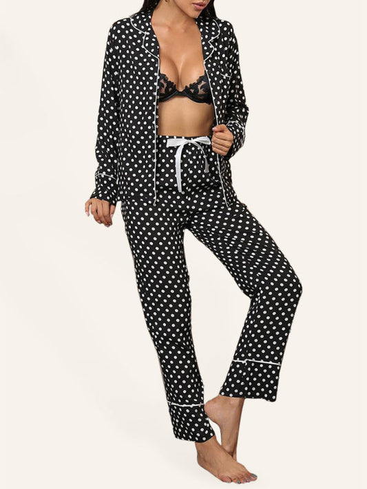 Sleepwear & Loungewear- Polka Dot Women's Lounge Set: Lapel Collar Shirt + Adjustable Trousers- Black- Pekosa Women Clothing