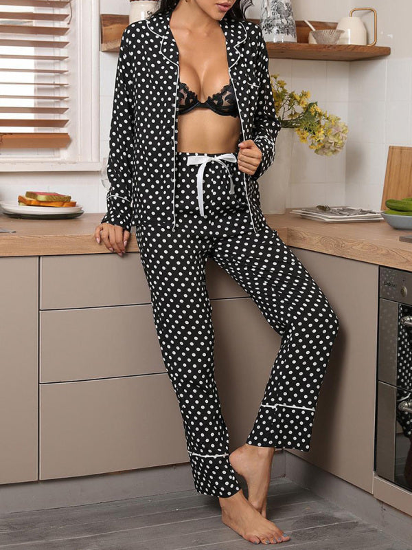 Sleepwear & Loungewear- Polka Dot Women's Lounge Set: Lapel Collar Shirt + Adjustable Trousers- - Pekosa Women Clothing