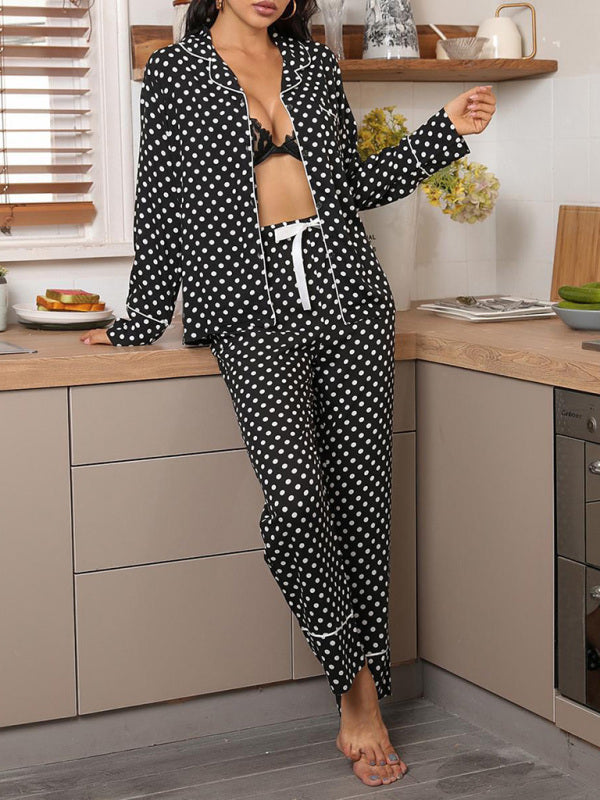 Sleepwear & Loungewear- Polka Dot Women's Lounge Set: Lapel Collar Shirt + Adjustable Trousers- - Pekosa Women Clothing