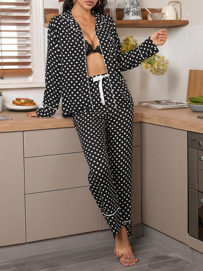 Sleepwear & Loungewear- Polka Dot Women's Lounge Set: Lapel Collar Shirt + Adjustable Trousers- - Pekosa Women Clothing