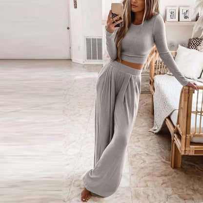 Sleepwear & Loungewear- Ribbed Cotton Loungewear: Long Sleeve Top + Wide Leg Trousers- Grey- Pekosa Women Clothing